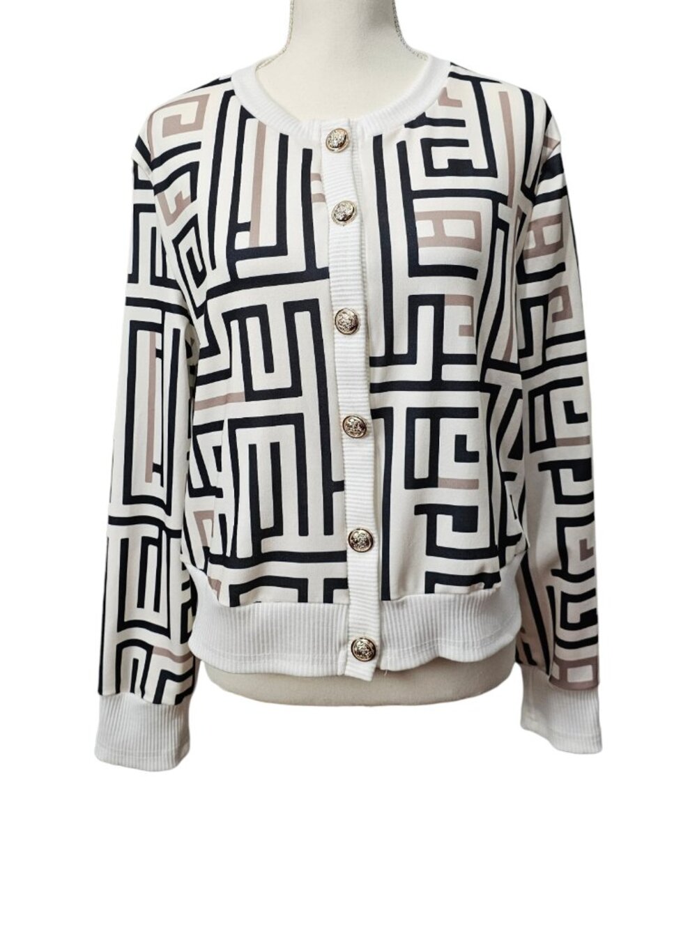 Geometric Cardigan Button Up Top Lightweight Jacket Size L White Beige Black